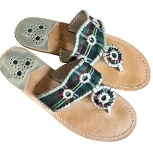 Jack Rogers 1960 Tartan Green Plaid Leather Thong  Slide slip On Sandal